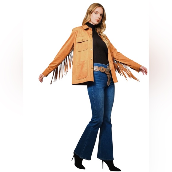 NEW Blue b Copper Brown Faux Suede Allover Back Chevron Fringe Retro Jacket S - Picture 3 of 9